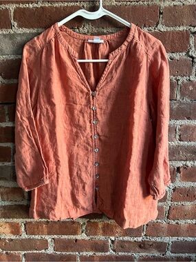 J. Jill Coral Button-Front Linen Shirt Flowy Summer Beach Quiet Luxury Size XS